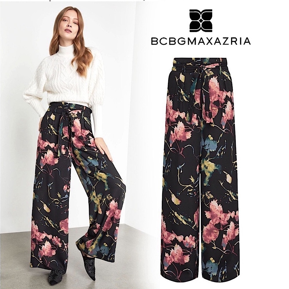 New BCBGmaxazria Rustic Grove floral wide-leg, high-waist belted pants
